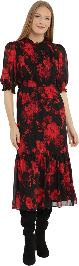 London Times Women's High Neck Sheer Midi Dress