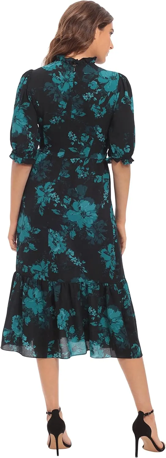 London Times Women's High Neck Sheer Midi Dress