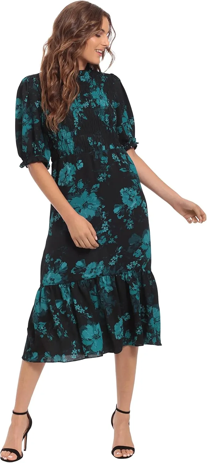 London Times Women's High Neck Sheer Midi Dress