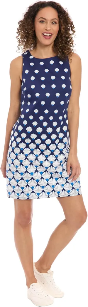 London Times Women's Sleeveless Shell Print Shift Cotton Sateen Summer Casual A-line Mini Dress