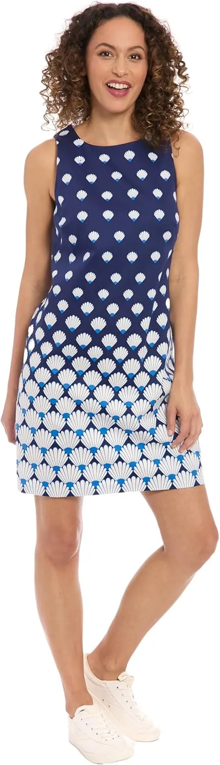 London Times Women's Sleeveless Shell Print Shift Cotton Sateen Summer Casual A-line Mini Dress