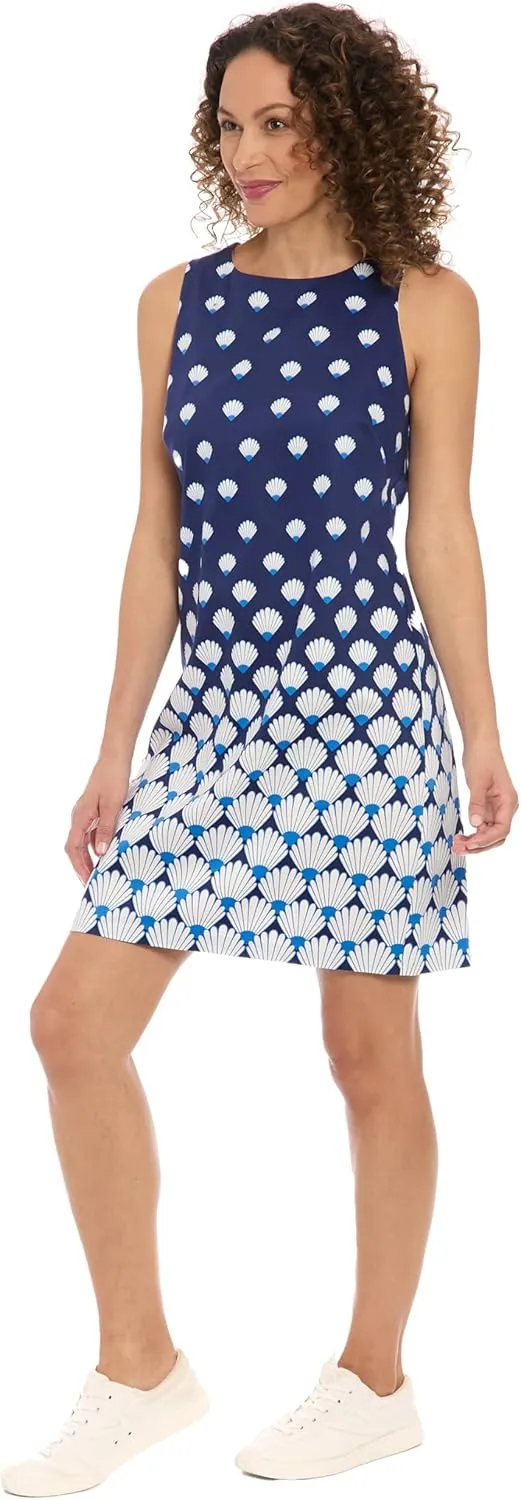 London Times Women's Sleeveless Shell Print Shift Cotton Sateen Summer Casual A-line Mini Dress