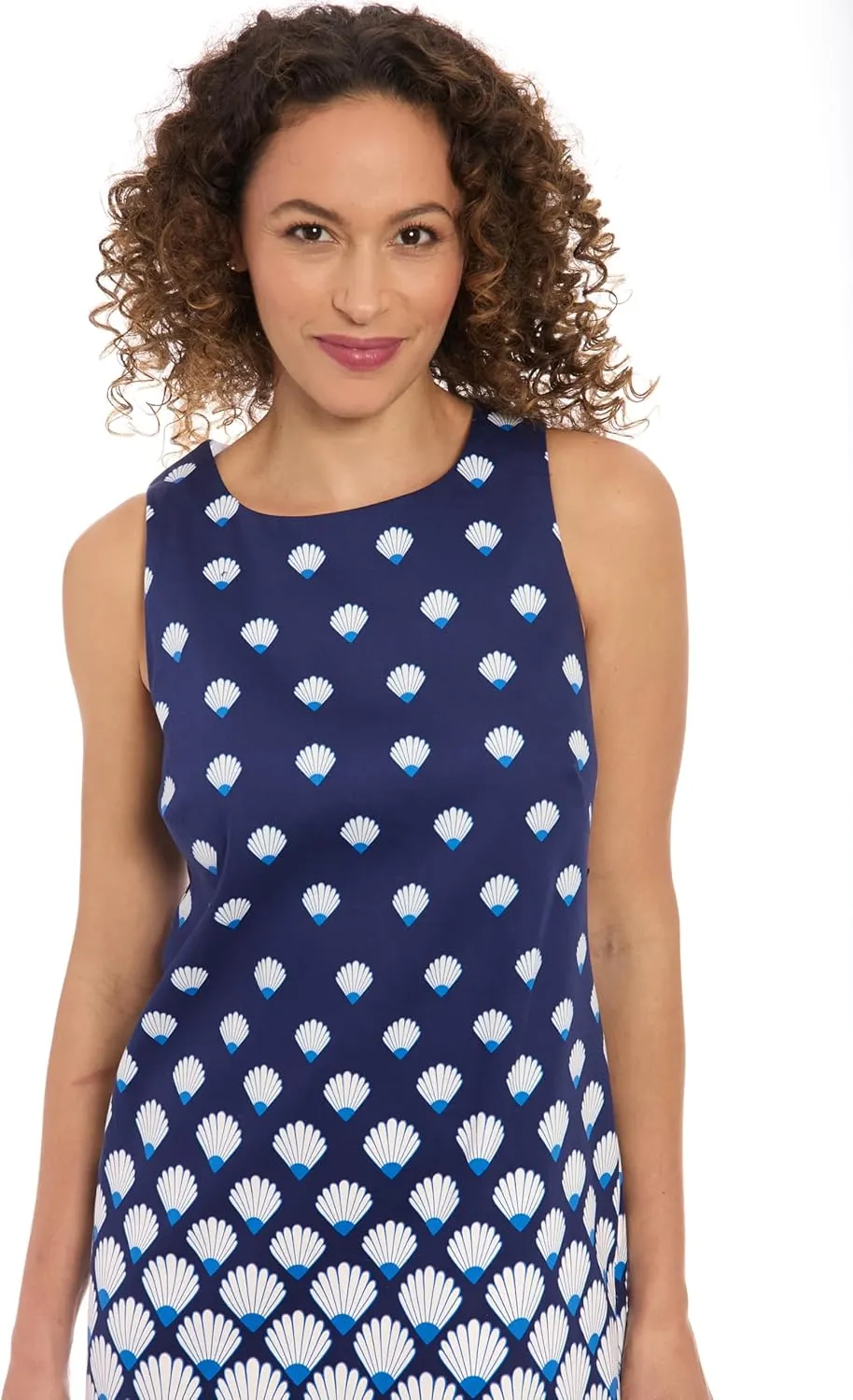 London Times Women's Sleeveless Shell Print Shift Cotton Sateen Summer Casual A-line Mini Dress