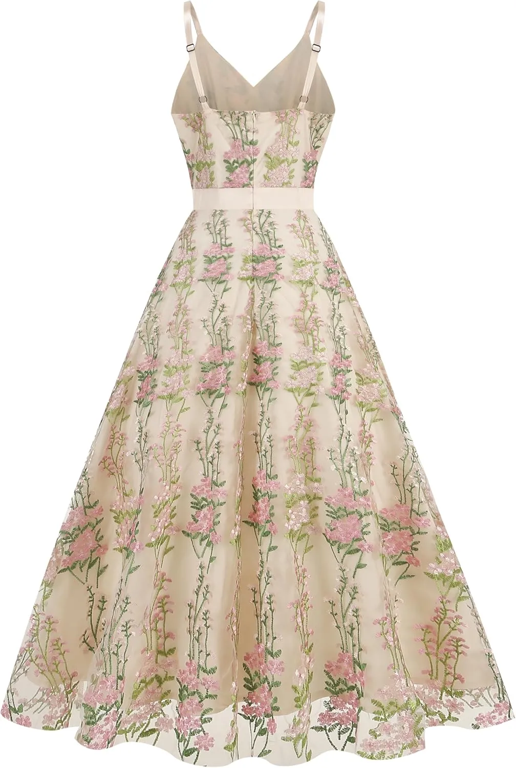 Long Floral Embroidery Dress for Women Flower Embroidered Maxi Dress Spaghetti Straps Formal Evening Party Tulle Prom Dress