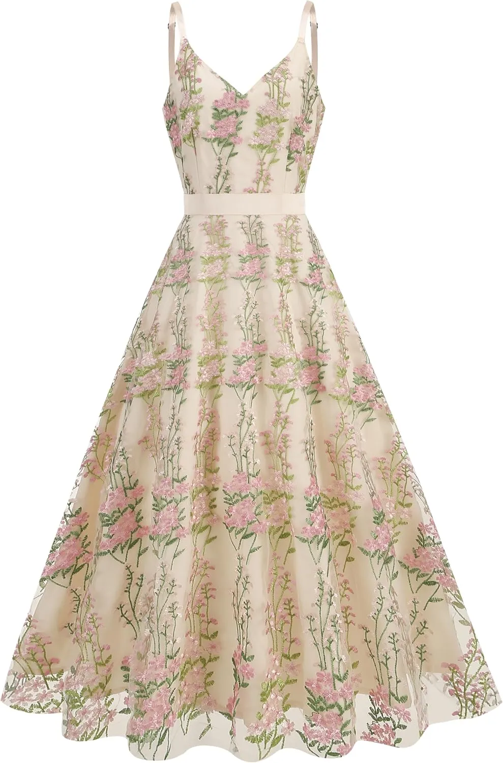 Long Floral Embroidery Dress for Women Flower Embroidered Maxi Dress Spaghetti Straps Formal Evening Party Tulle Prom Dress