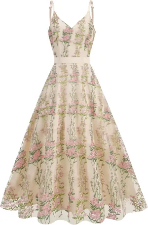 Long Floral Embroidery Dress for Women Flower Embroidered Maxi Dress Spaghetti Straps Formal Evening Party Tulle Prom Dress