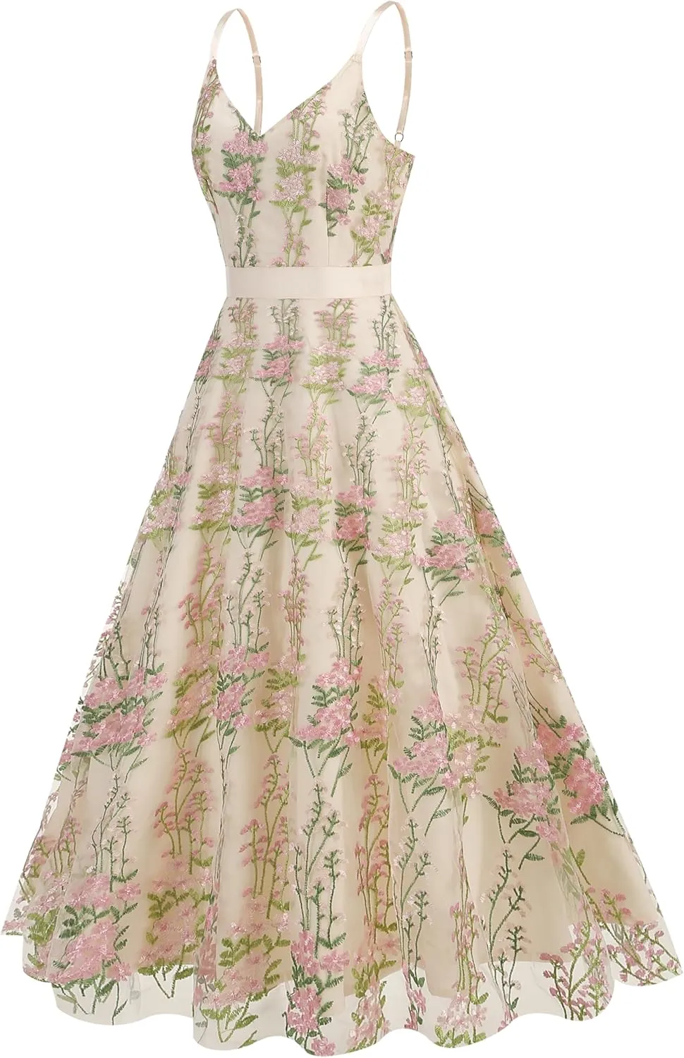 Long Floral Embroidery Dress for Women Flower Embroidered Maxi Dress Spaghetti Straps Formal Evening Party Tulle Prom Dress