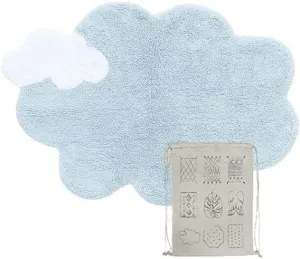 Lorena Canals Washable Rug Mini Dream in White/Light Blue, Cloud Shape, Cartoon, Kids' Room, Nursery. Handmade in Cotton and Non-Toxic Dyes - Size: 2'4" x 3'5"
