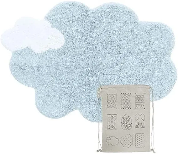 Lorena Canals Washable Rug Mini Dream in White/Light Blue, Cloud Shape, Cartoon, Kids' Room, Nursery. Handmade in Cotton and Non-Toxic Dyes - Size: 2'4" x 3'5"