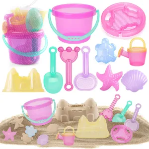 LotFancy 10PCS Summer Beach Toys Set, with Sand Castel Molds & Tools, BPA Free Sandbox Toys for Toddlers Kids 3-8, Sand Bucket Shovel Sifter Rake Funnel Watering Can, Girls Vacation Essentials