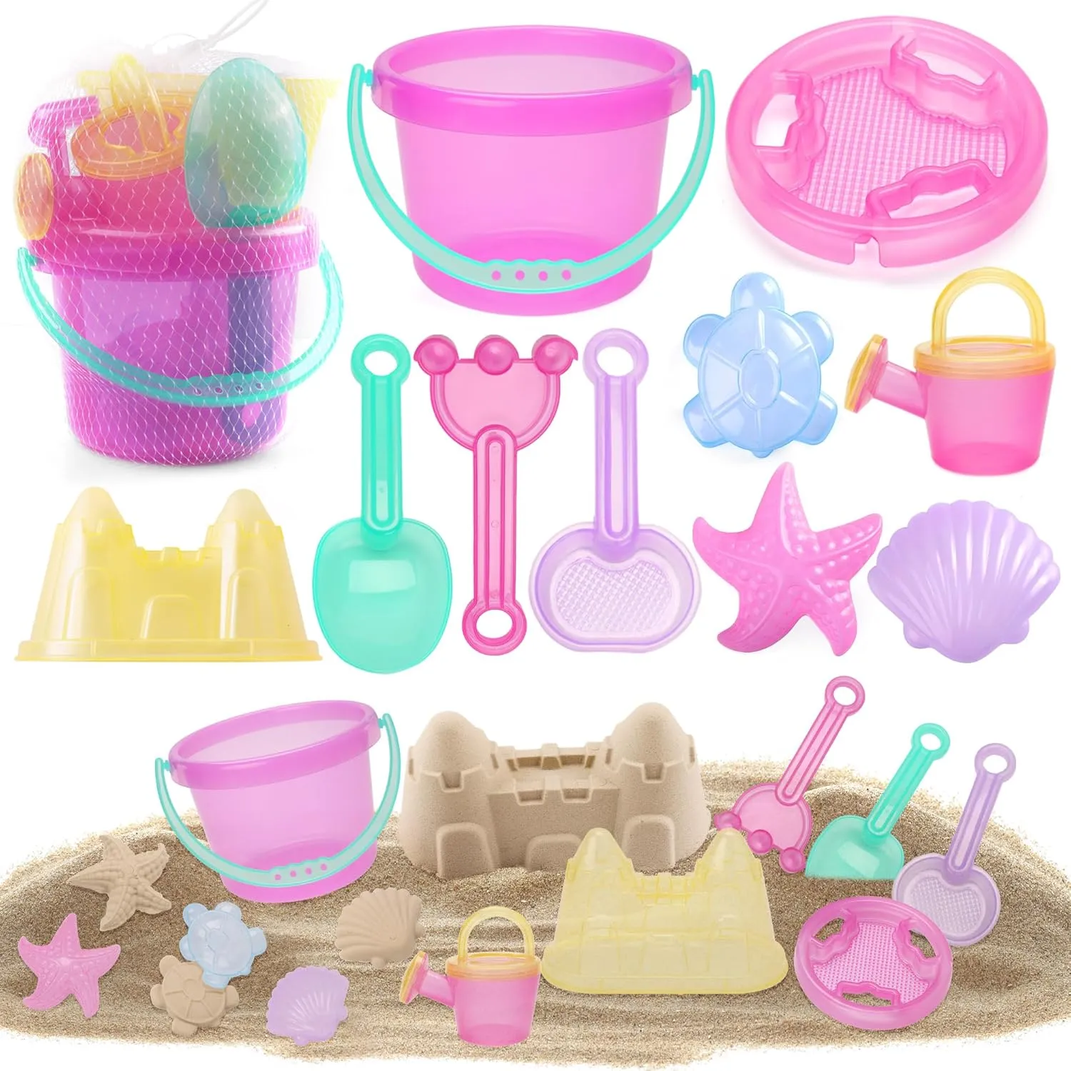 LotFancy 10PCS Summer Beach Toys Set, with Sand Castel Molds & Tools, BPA Free Sandbox Toys for Toddlers Kids 3-8, Sand Bucket Shovel Sifter Rake Funnel Watering Can, Girls Vacation Essentials