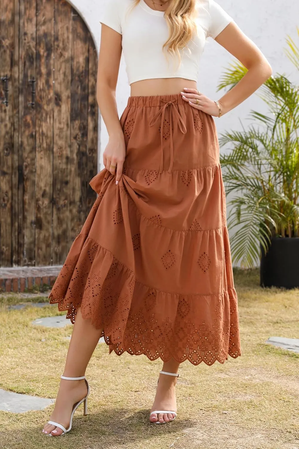 Love Welove Fashion Women’s Summer Boho Cotton Embroidered Tiered Maxi Skirt Elastic High Waist A-Line Long Beach Dress