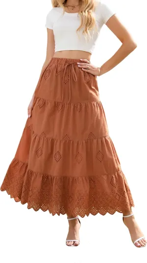 Love Welove Fashion Women’s Summer Boho Cotton Embroidered Tiered Maxi Skirt Elastic High Waist A-Line Long Beach Dress