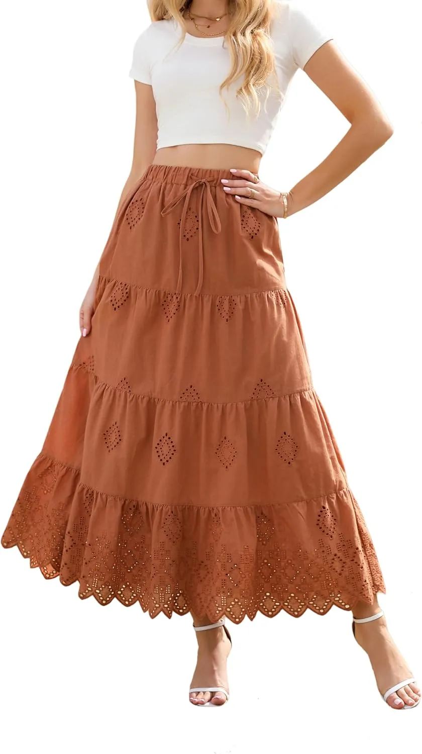 Love Welove Fashion Women’s Summer Boho Cotton Embroidered Tiered Maxi Skirt Elastic High Waist A-Line Long Beach Dress