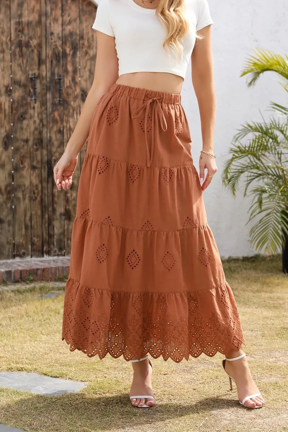 Love Welove Fashion Women’s Summer Boho Cotton Embroidered Tiered Maxi Skirt Elastic High Waist A-Line Long Beach Dress