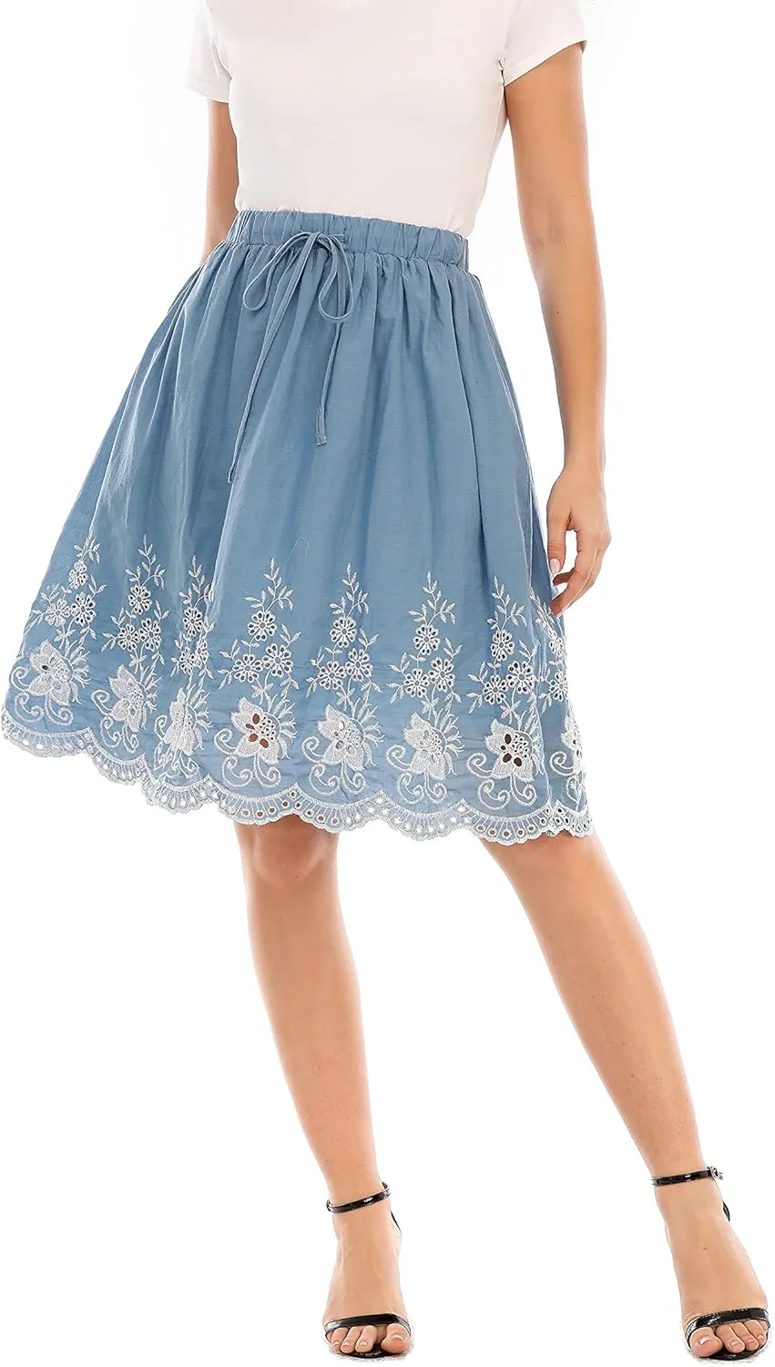 Love Welove Fashion Women's Summer Cotton A-line Flared Embroidered Knee Length with Lining Knee Length Skirt