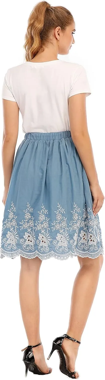 Love Welove Fashion Women's Summer Cotton A-line Flared Embroidered Knee Length with Lining Knee Length Skirt