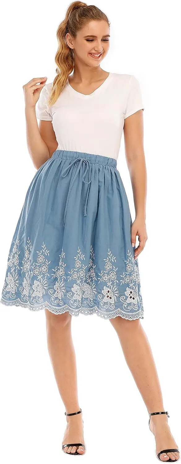 Love Welove Fashion Women's Summer Cotton A-line Flared Embroidered Knee Length with Lining Knee Length Skirt