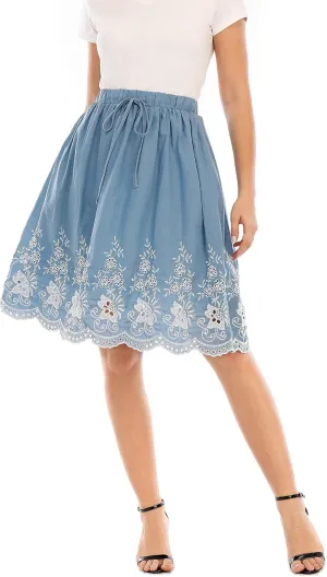 Love Welove Fashion Women's Summer Cotton A-line Flared Embroidered Knee Length with Lining Knee Length Skirt