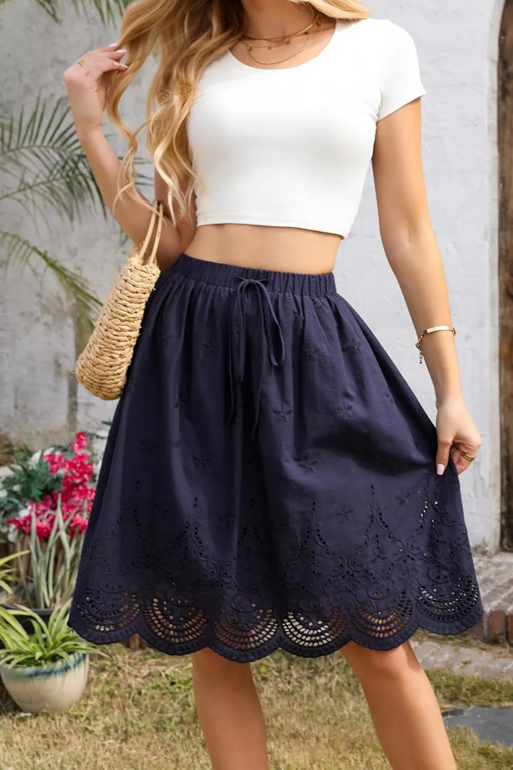 Love Welove Fashion Women's Summer Cotton A-line Flared Embroidered Knee Length with Lining Knee Length Skirt