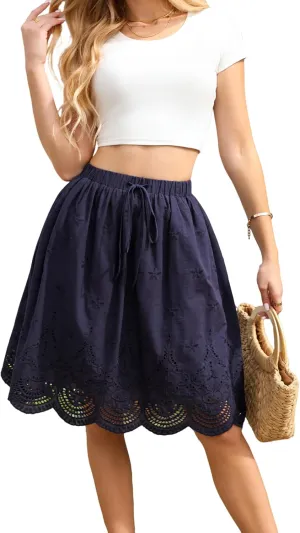 Love Welove Fashion Women's Summer Cotton A-line Flared Embroidered Knee Length with Lining Knee Length Skirt
