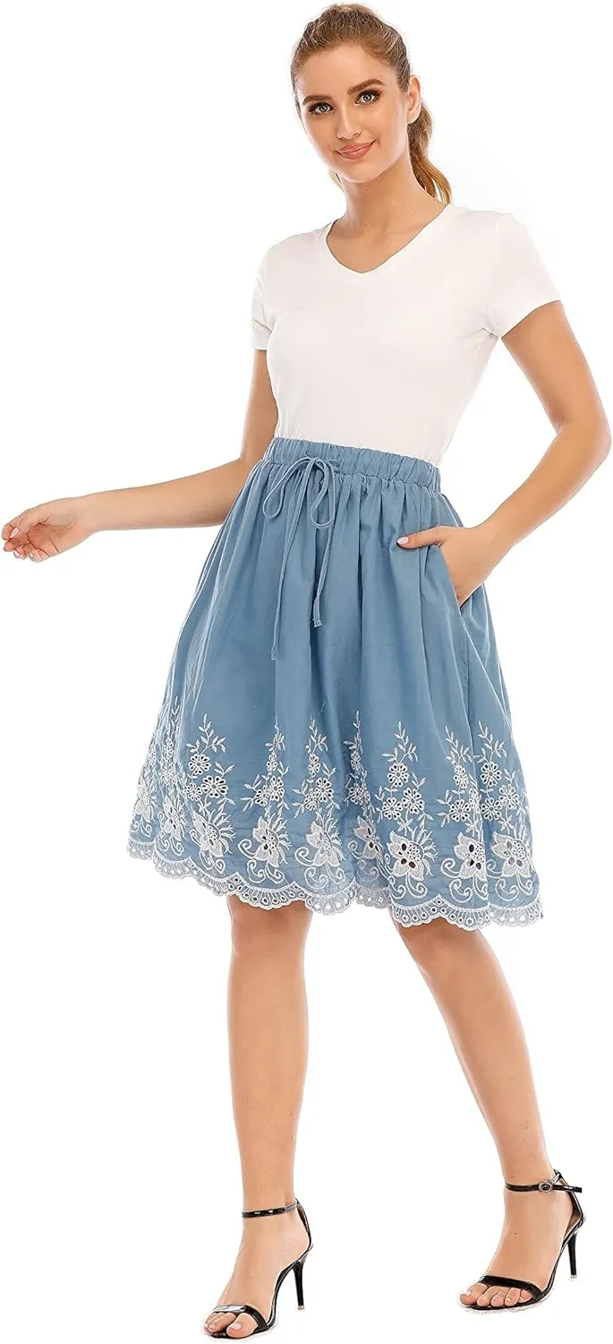 Love Welove Fashion Women's Summer Cotton A-line Flared Embroidered Knee Length with Lining Knee Length Skirt