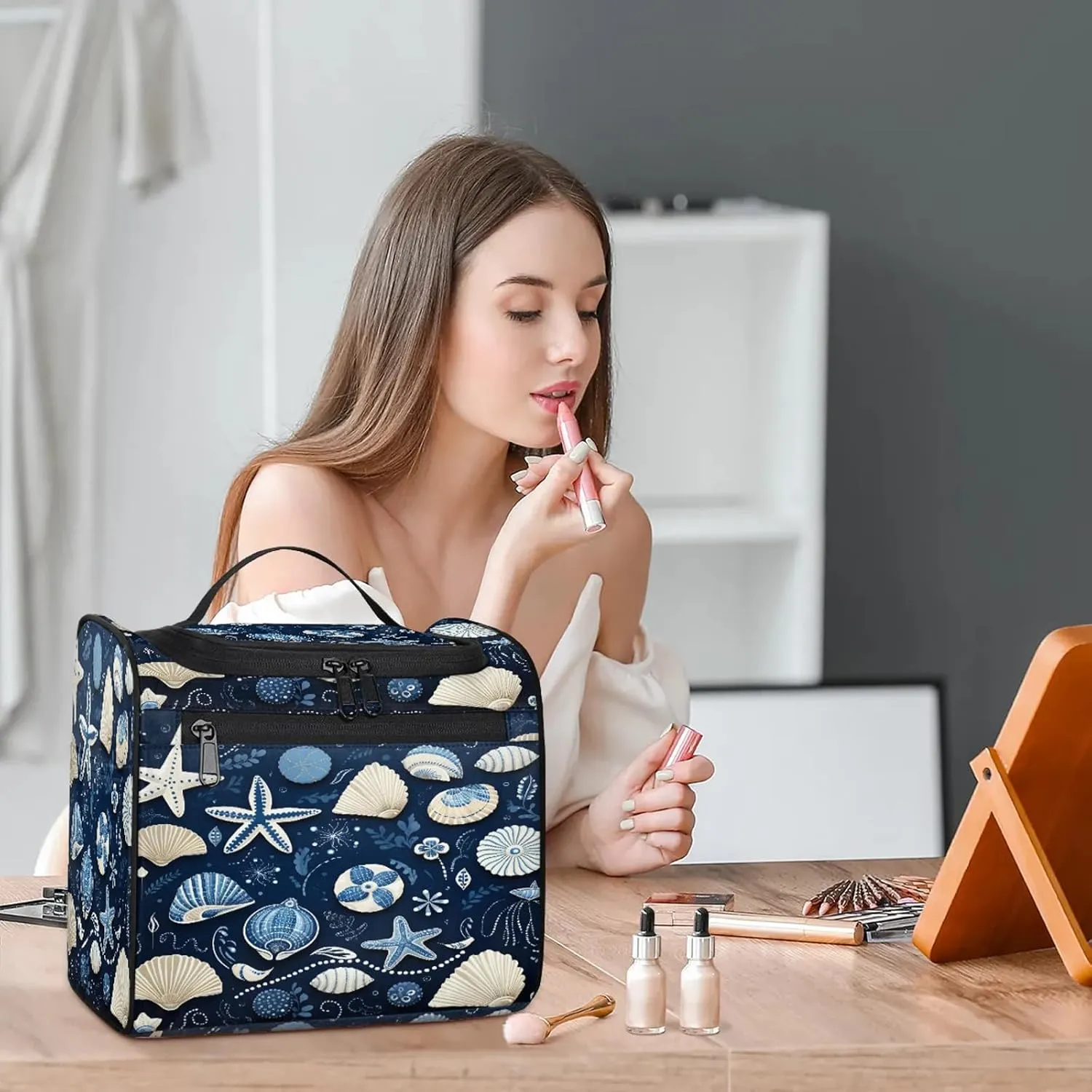 Lovely Starfish Style Large Makeup Bag Travel Make Up Organizer for Women Girls Cosmetic Bag Organizer With Handle