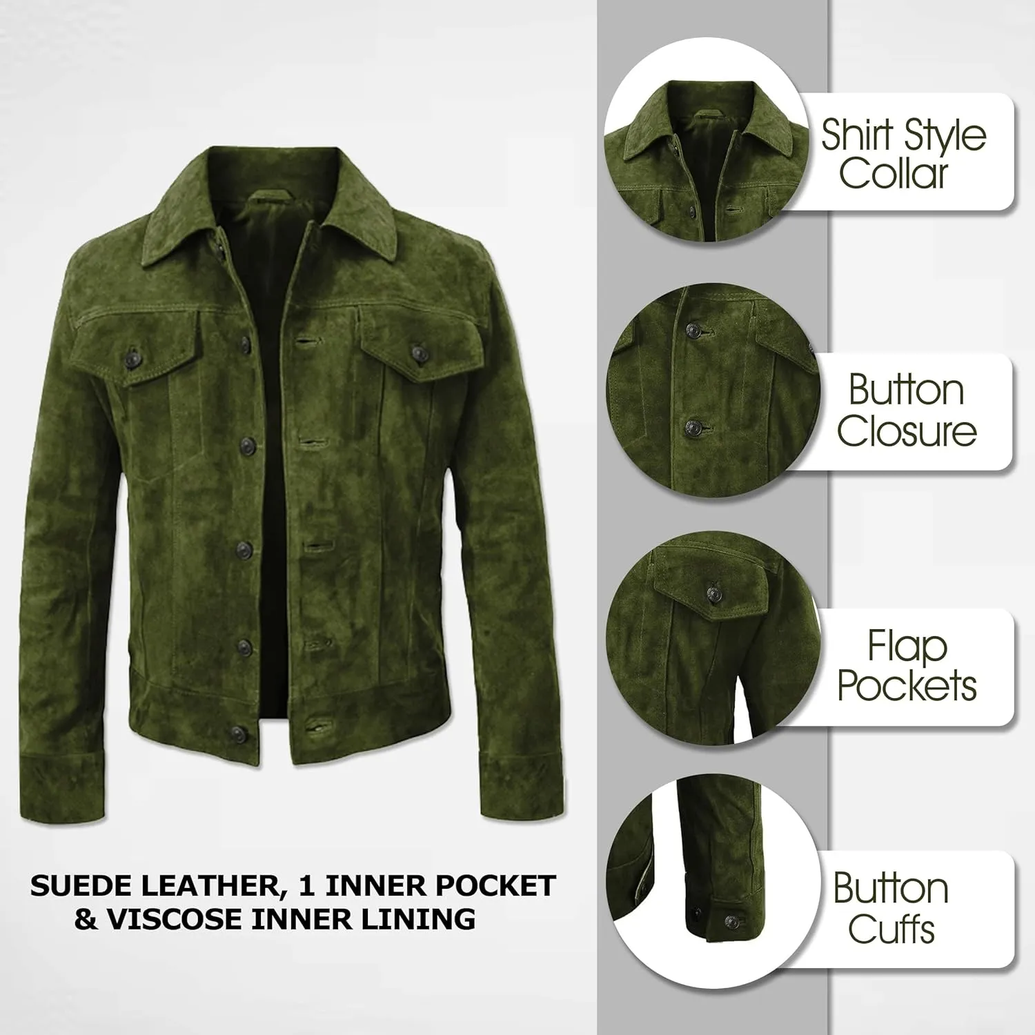 LP-FACON Mens Trucker Suede Leather Jacket - Western Style Cowboy Leather Jacket Brown/Black