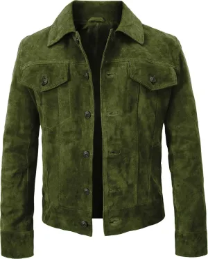 LP-FACON Mens Trucker Suede Leather Jacket - Western Style Cowboy Leather Jacket Brown/Black