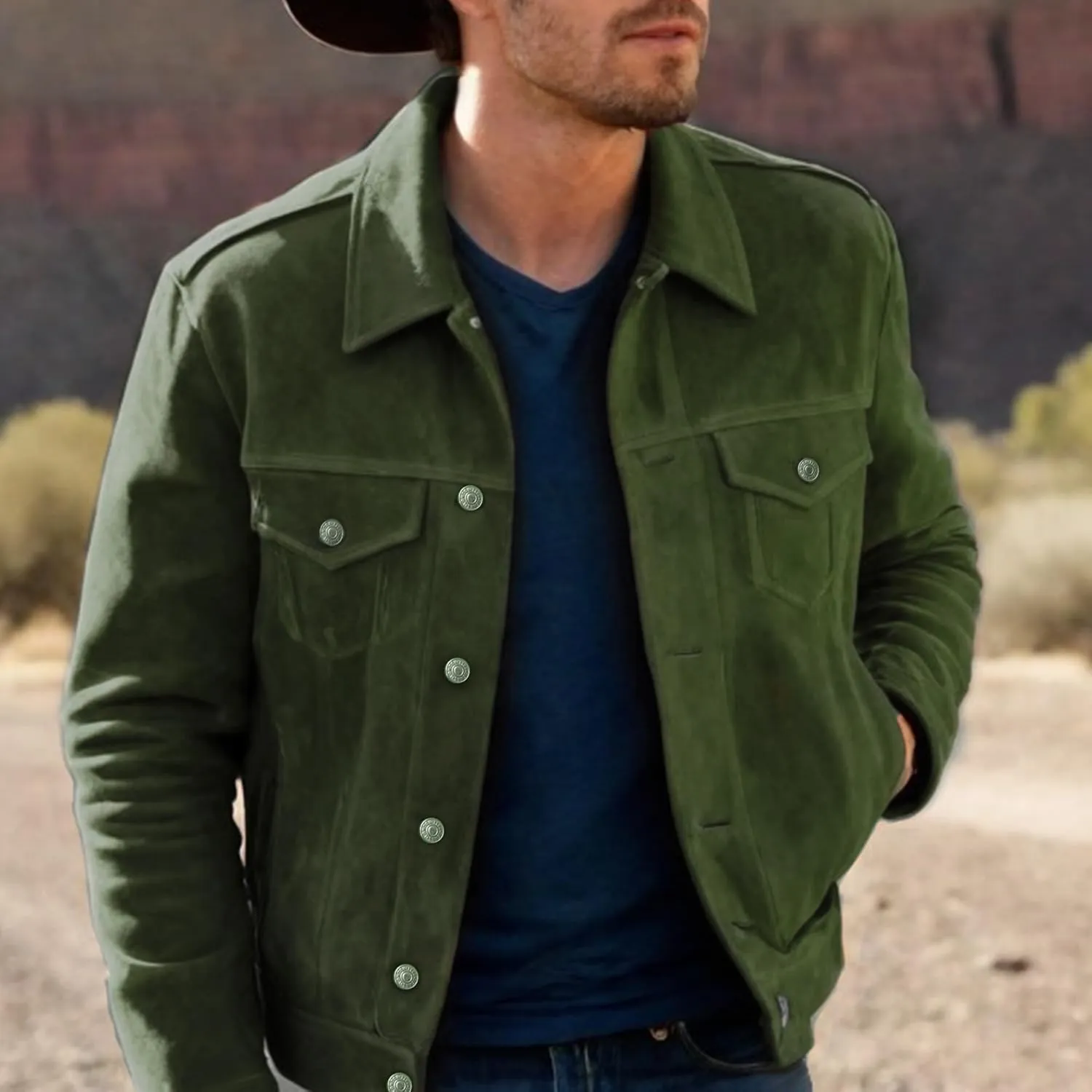 LP-FACON Mens Trucker Suede Leather Jacket - Western Style Cowboy Leather Jacket Brown/Black