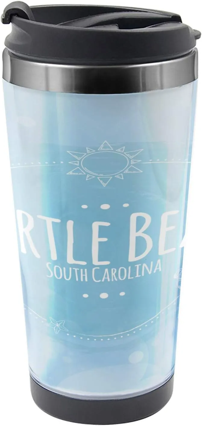 Lunarable Myrtle Beach Travel Mug, South Carolina Beach Lettering with Sun Umbrella and Starfish Sketch, Steel Thermal Cup, 16 oz, Pale Blue White Blue