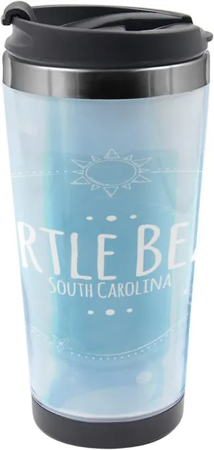 Lunarable Myrtle Beach Travel Mug, South Carolina Beach Lettering with Sun Umbrella and Starfish Sketch, Steel Thermal Cup, 16 oz, Pale Blue White Blue