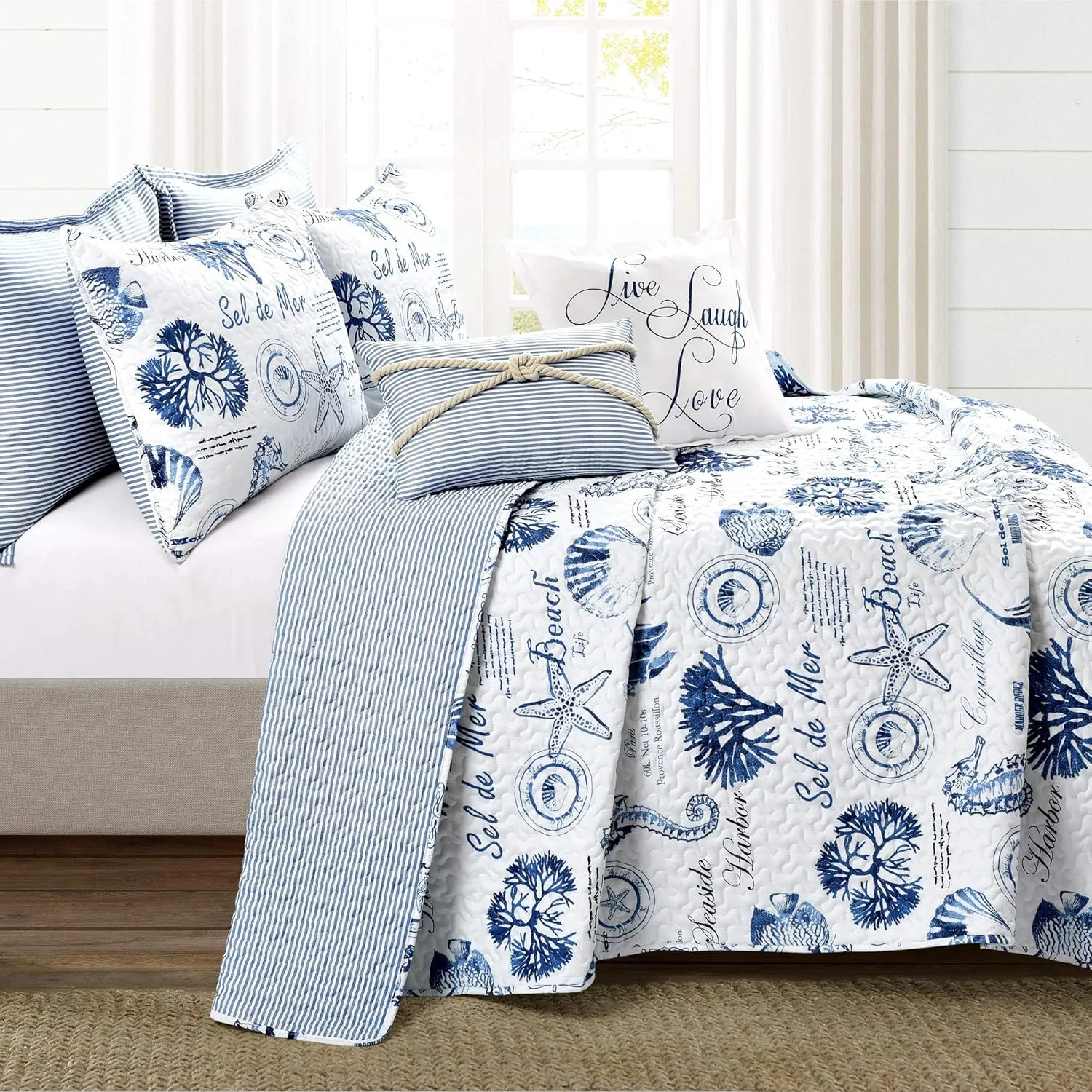 Lush Decor Harbor Life Reversible Quilt Set, 7 Piece Set, Full/ Queen, Indigo - Striped Nautical Quilt - Sea Life Print - Coastal Bedding Set With Throw Pillows - Beach Decor For Bedroom