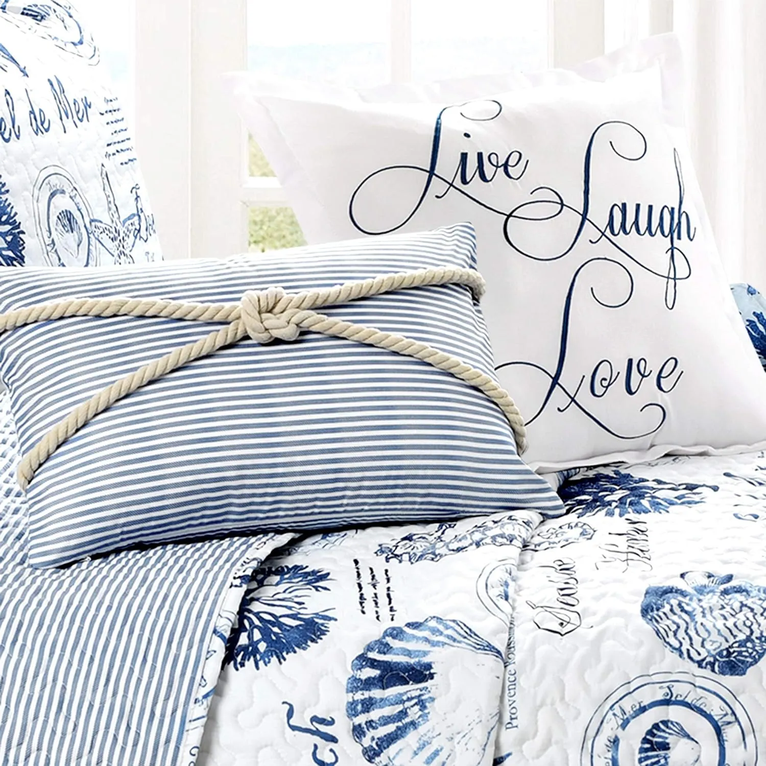 Lush Decor Harbor Life Reversible Quilt Set, 7 Piece Set, Full/ Queen, Indigo - Striped Nautical Quilt - Sea Life Print - Coastal Bedding Set With Throw Pillows - Beach Decor For Bedroom