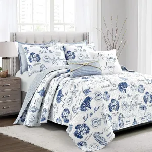 Lush Decor Harbor Life Reversible Quilt Set, 7 Piece Set, Full/ Queen, Indigo - Striped Nautical Quilt - Sea Life Print - Coastal Bedding Set With Throw Pillows - Beach Decor For Bedroom