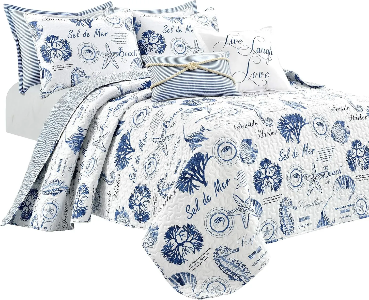 Lush Decor Harbor Life Reversible Quilt Set, 7 Piece Set, Full/ Queen, Indigo - Striped Nautical Quilt - Sea Life Print - Coastal Bedding Set With Throw Pillows - Beach Decor For Bedroom