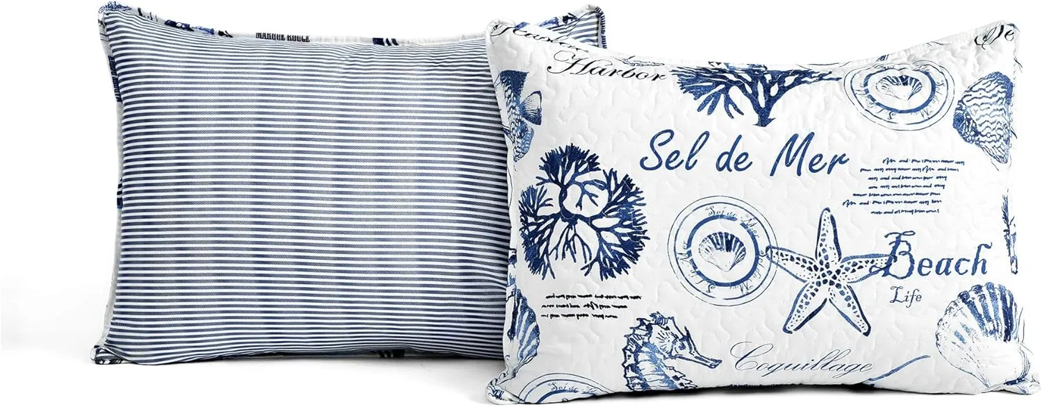 Lush Decor Harbor Life Reversible Quilt Set, 7 Piece Set, Full/ Queen, Indigo - Striped Nautical Quilt - Sea Life Print - Coastal Bedding Set With Throw Pillows - Beach Decor For Bedroom