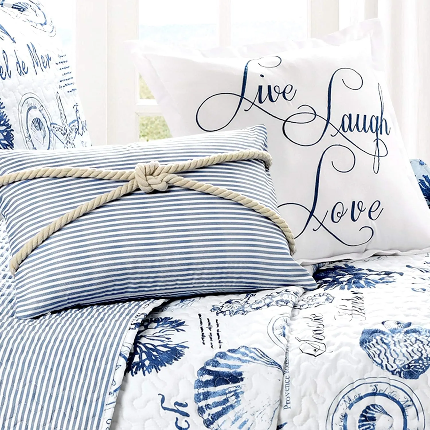 Lush Decor Harbor Life Reversible Quilt Set, 7 Piece Set, Full/ Queen, Indigo - Striped Nautical Quilt - Sea Life Print - Coastal Bedding Set With Throw Pillows - Beach Decor For Bedroom