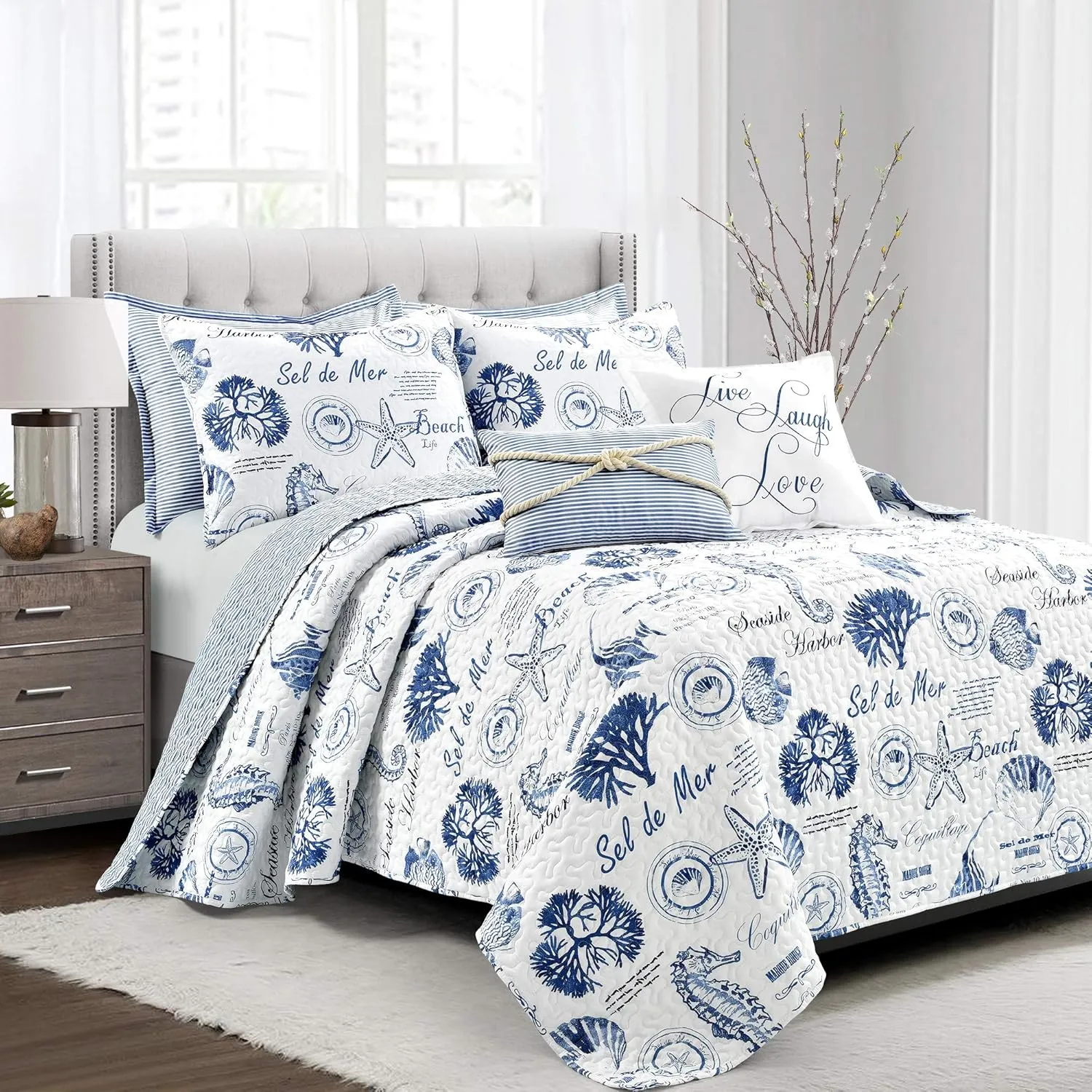 Lush Decor Harbor Life Reversible Quilt Set, 7 Piece Set, Full/ Queen, Indigo - Striped Nautical Quilt - Sea Life Print - Coastal Bedding Set With Throw Pillows - Beach Decor For Bedroom