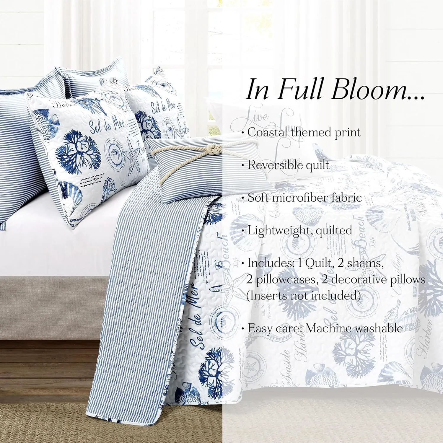 Lush Decor Harbor Life Reversible Quilt Set, 7 Piece Set, Full/ Queen, Indigo - Striped Nautical Quilt - Sea Life Print - Coastal Bedding Set With Throw Pillows - Beach Decor For Bedroom