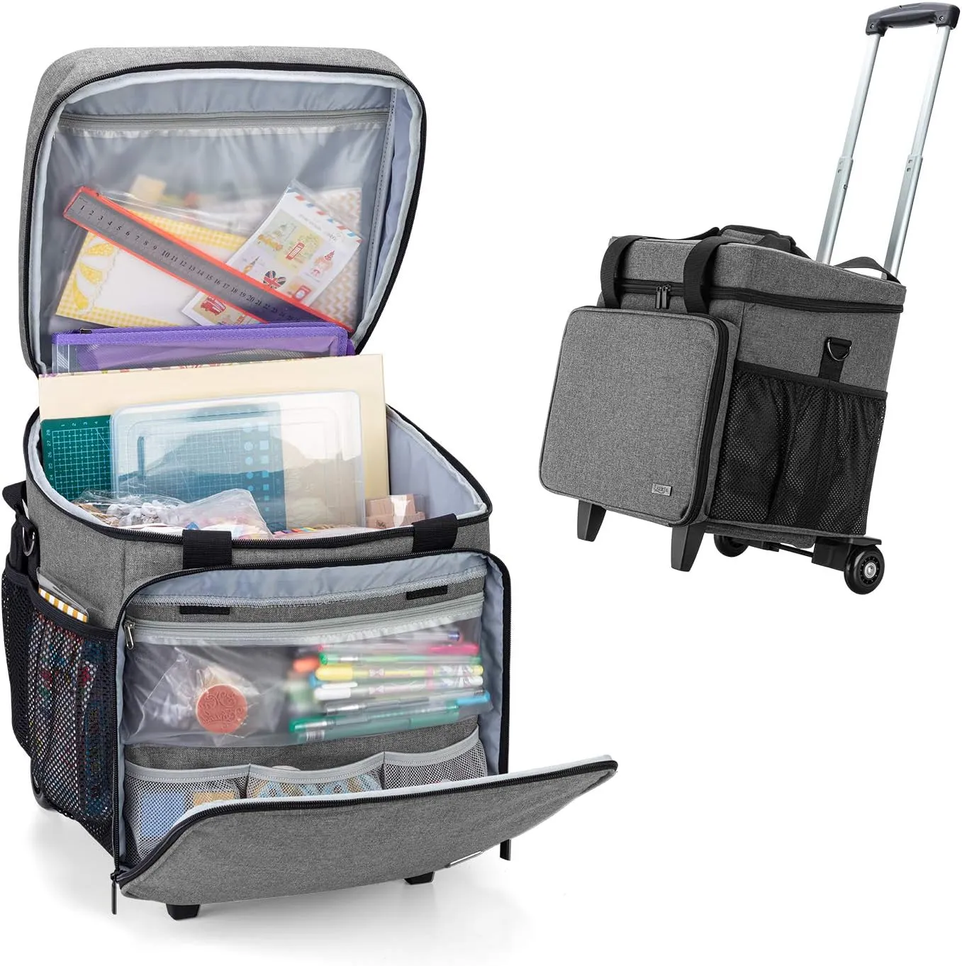 LUXJA Rolling Scrapbook Tote, Scrapbook Bag with Detachable Dolly (Patented Design), Gray