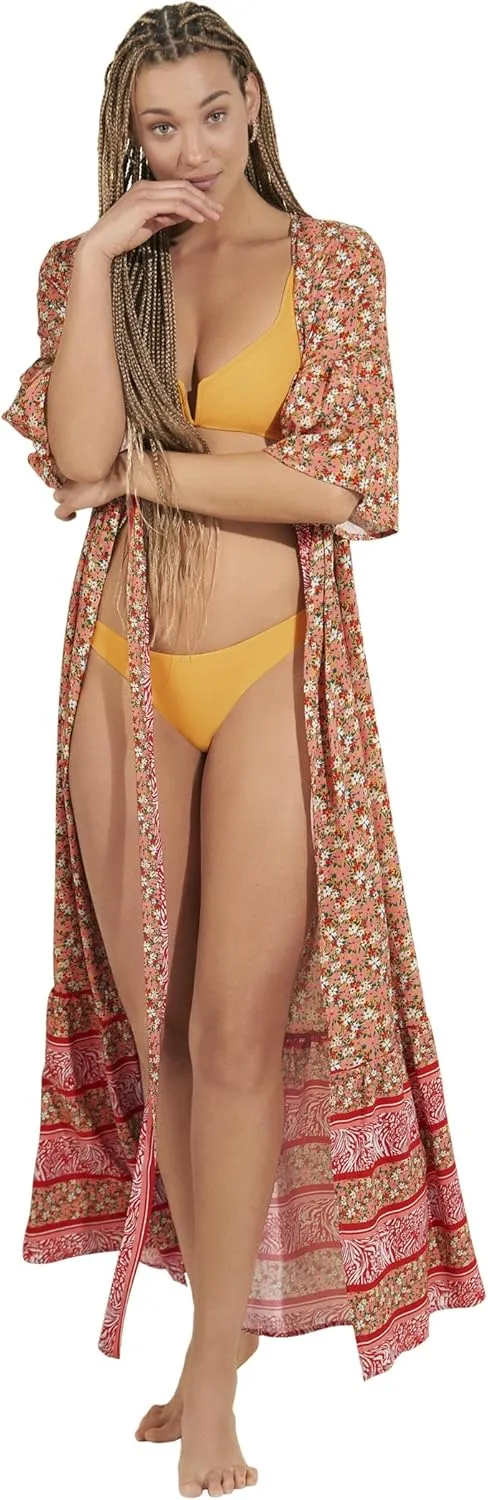 Maaji Lotus Kimono - Lightweight Beach Cover Up Kimono - Long Sleeve Floor Length with Tie Waist - Peony Floral Print