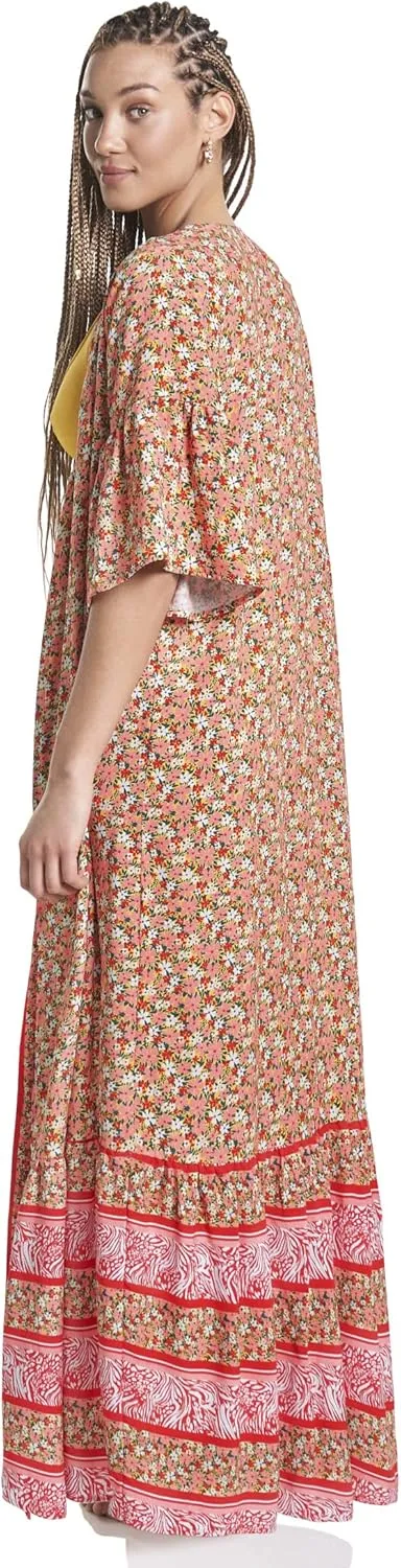 Maaji Lotus Kimono - Lightweight Beach Cover Up Kimono - Long Sleeve Floor Length with Tie Waist - Peony Floral Print
