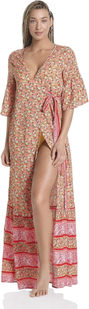 Maaji Lotus Kimono - Lightweight Beach Cover Up Kimono - Long Sleeve Floor Length with Tie Waist - Peony Floral Print
