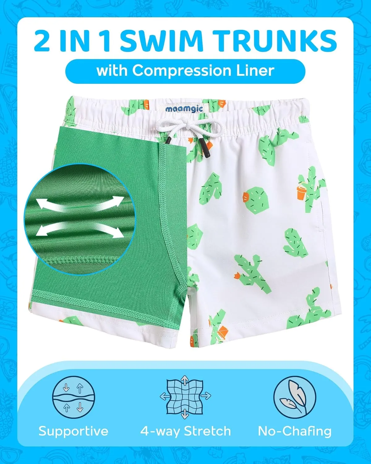 maamgic Boys Swim Trunks with Compression Liner 4-Way Stretch Quick Dry Bathing Suit Toddler Beach Shorts