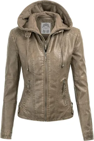 Made By Johnny Faux Leather Jacket Women Motorcycle Coat for Biker with Removable Hood