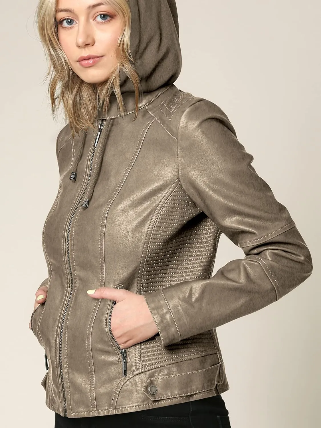 Made By Johnny Faux Leather Jacket Women Motorcycle Coat for Biker with Removable Hood