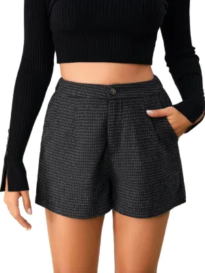MakeMeChic Women's Elegant Plaid Shorts High Waisted Zipper Wide Leg Mini Dressy Work Office Casual Shorts