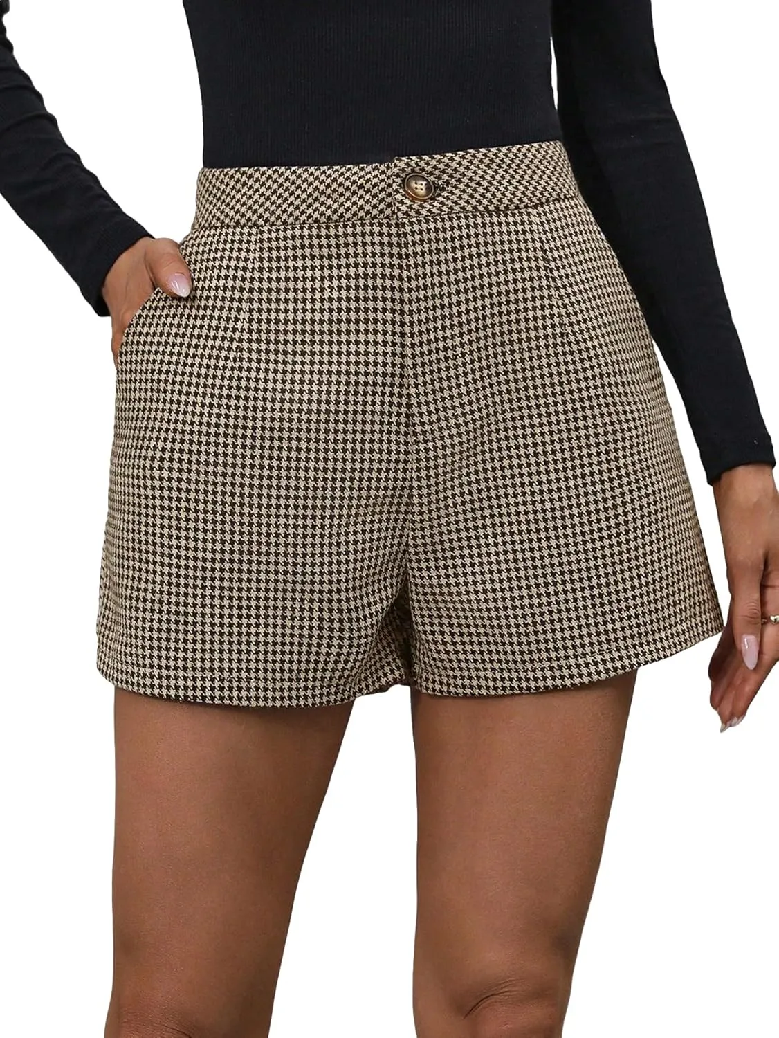 MakeMeChic Women's Elegant Plaid Shorts High Waisted Zipper Wide Leg Mini Dressy Work Office Casual Shorts