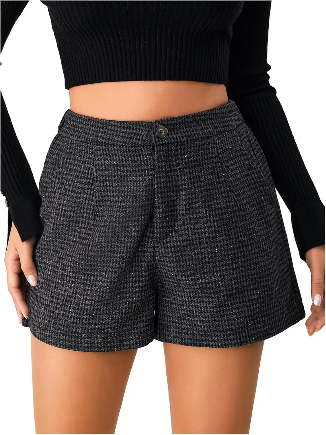 MakeMeChic Women's Elegant Plaid Shorts High Waisted Zipper Wide Leg Mini Dressy Work Office Casual Shorts